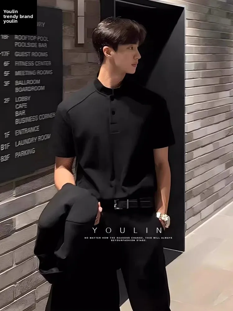 

Мужская футболка Bla Henry Collar с коротким рукавом, в американском стиле, с эффектом высококачественного пошива, с рукавом до локтя, повседневная, из полиэстера.