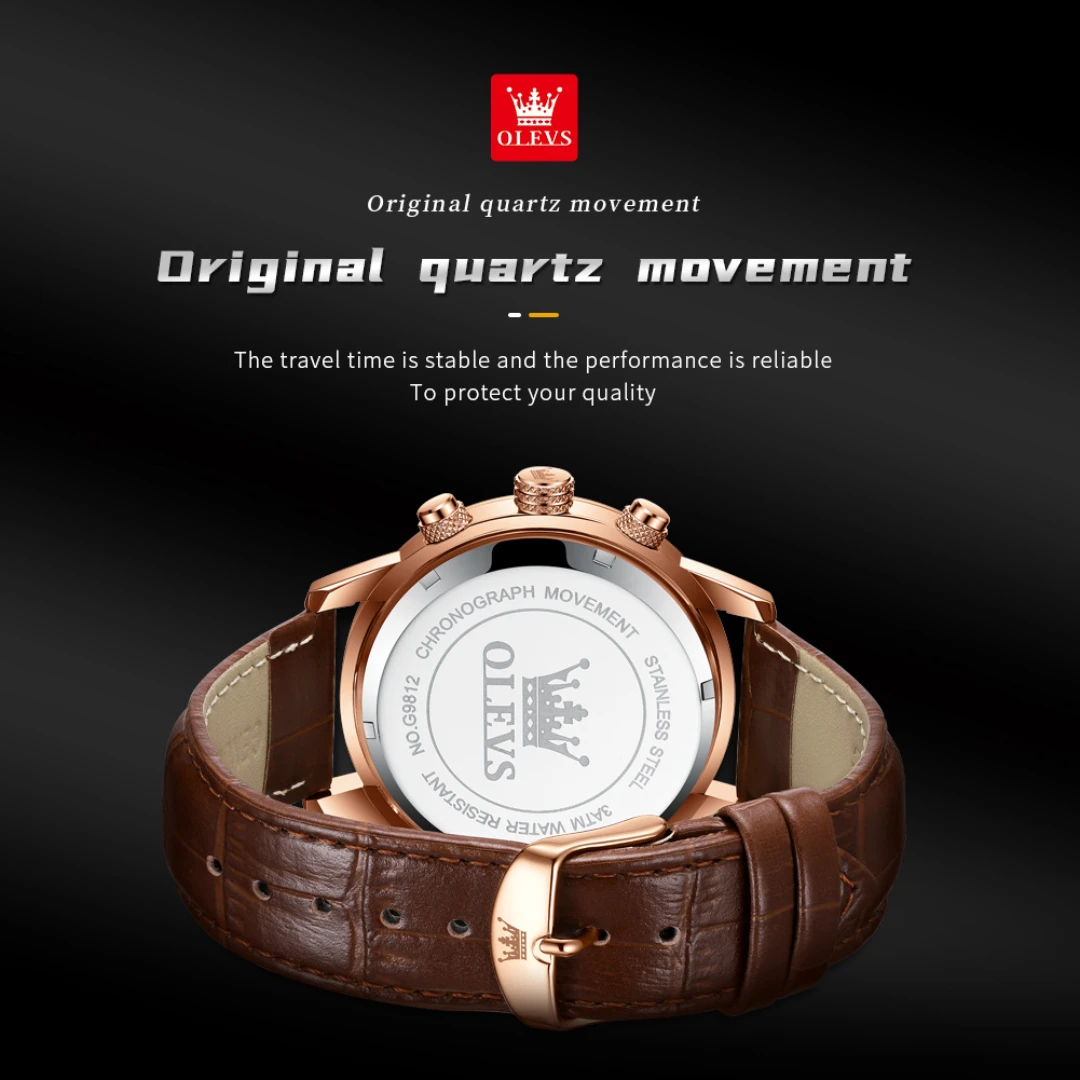 OLEVS 9812 quartz modehorloge cadeau lederen horlogeband met ronde wijzerplaat polshorloge maanfase kalender lichtgevende timer