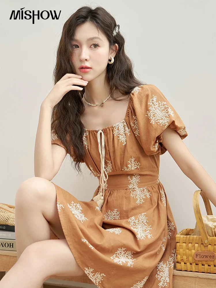 

MISHOW Women's Elastic Square Neck Dress Summer Embroidery Tassel Lcae-up Bubble Sleeve A-line Knee-Length Dress MXC39L1572