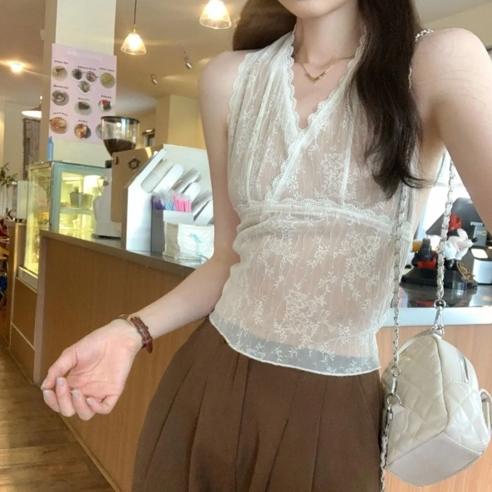 

Элегантный кружевной топ в тайском стиле, крутой и популярный женский жилет с подвесным воротником, без рукавов, летняя майка