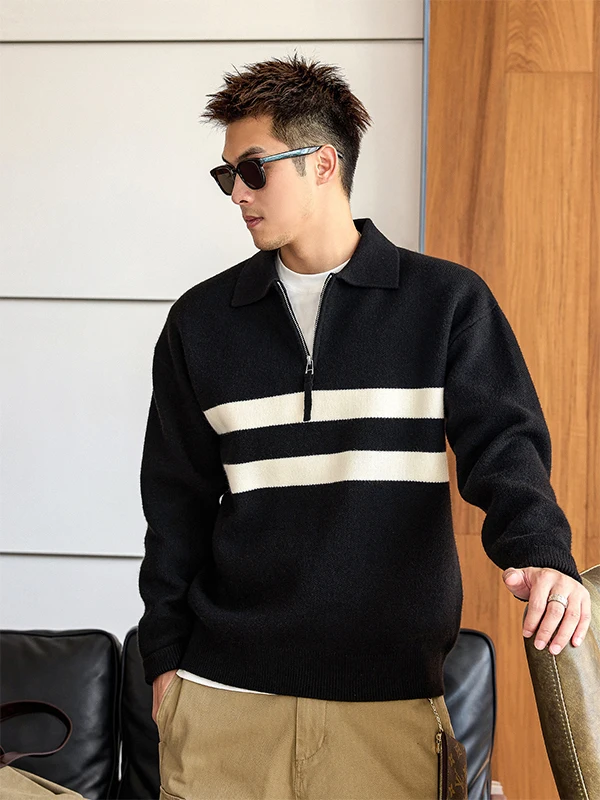 

Thiened f Zipper Men's Sweater Stripe Pattern Casual Sle Inner Wear Base Layer Knitted Top for Autumn Winter Season