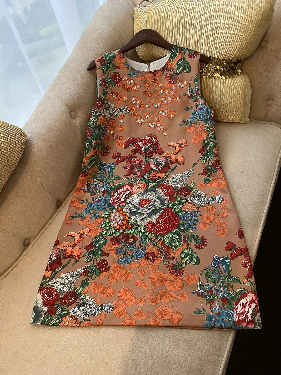 Heavy Industry Beads Orange Printed Sleeveless Dress for Women 2024 Spring Summer High-End Diamond-Embedded A Line Dresses