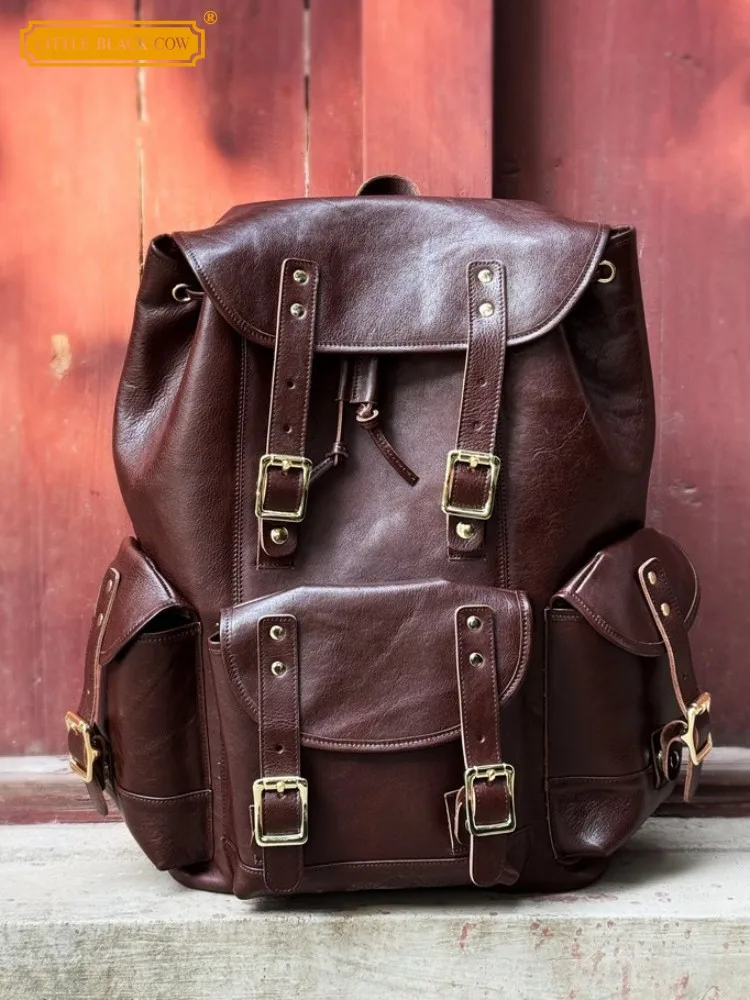 Handmade High Quality Cowskin Genuine Leather Backpack Men Vintage Design Large Capacity Travel Backpacks Male Motorcycle Bags
