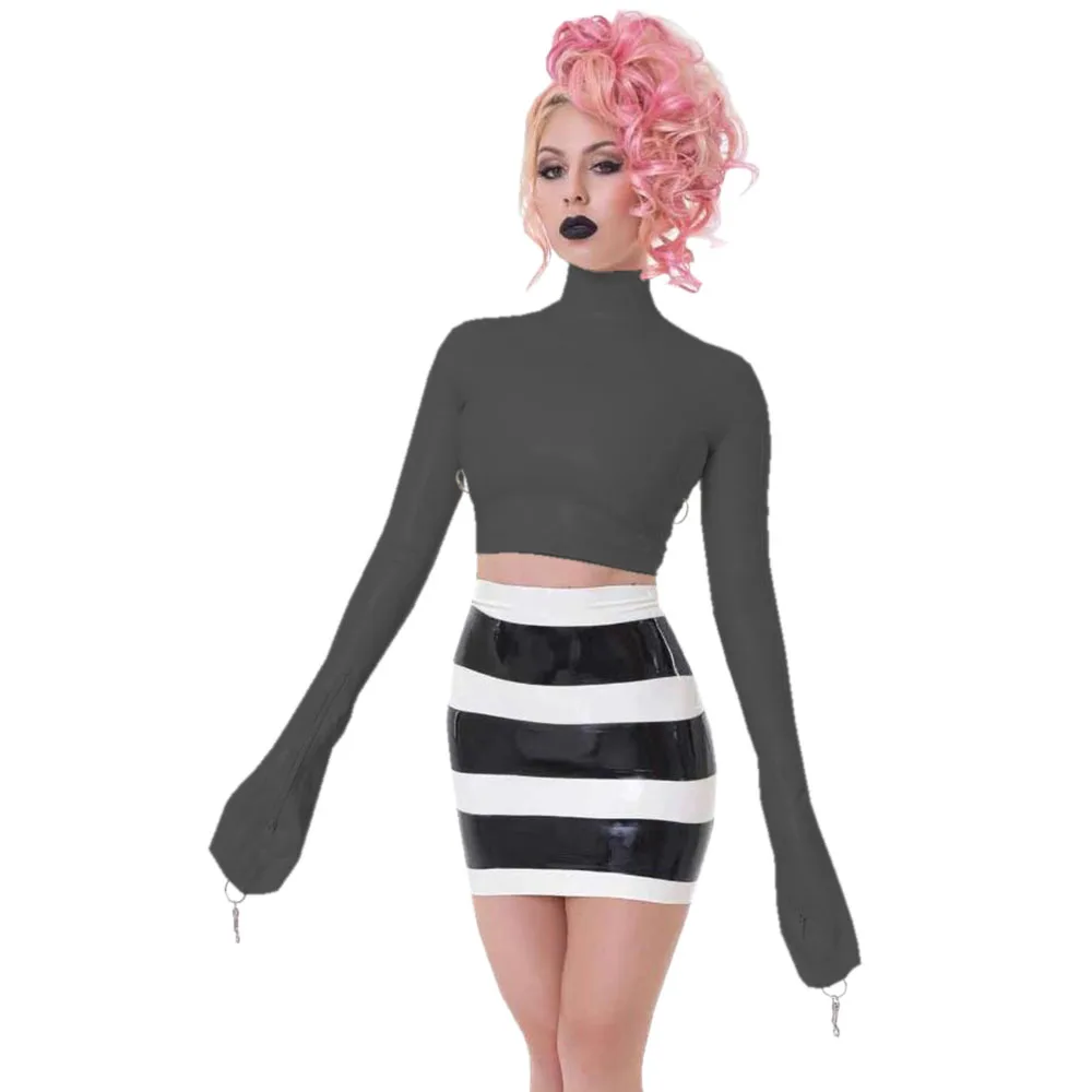 قمم قصيرة مثيرة مع رقبة عالية للإصبع، جلد نحيف نحيف، قمصان قصيرة PVC، قمة مثيرة من الفينيل مع مفتاح قفل، ليلة النادي