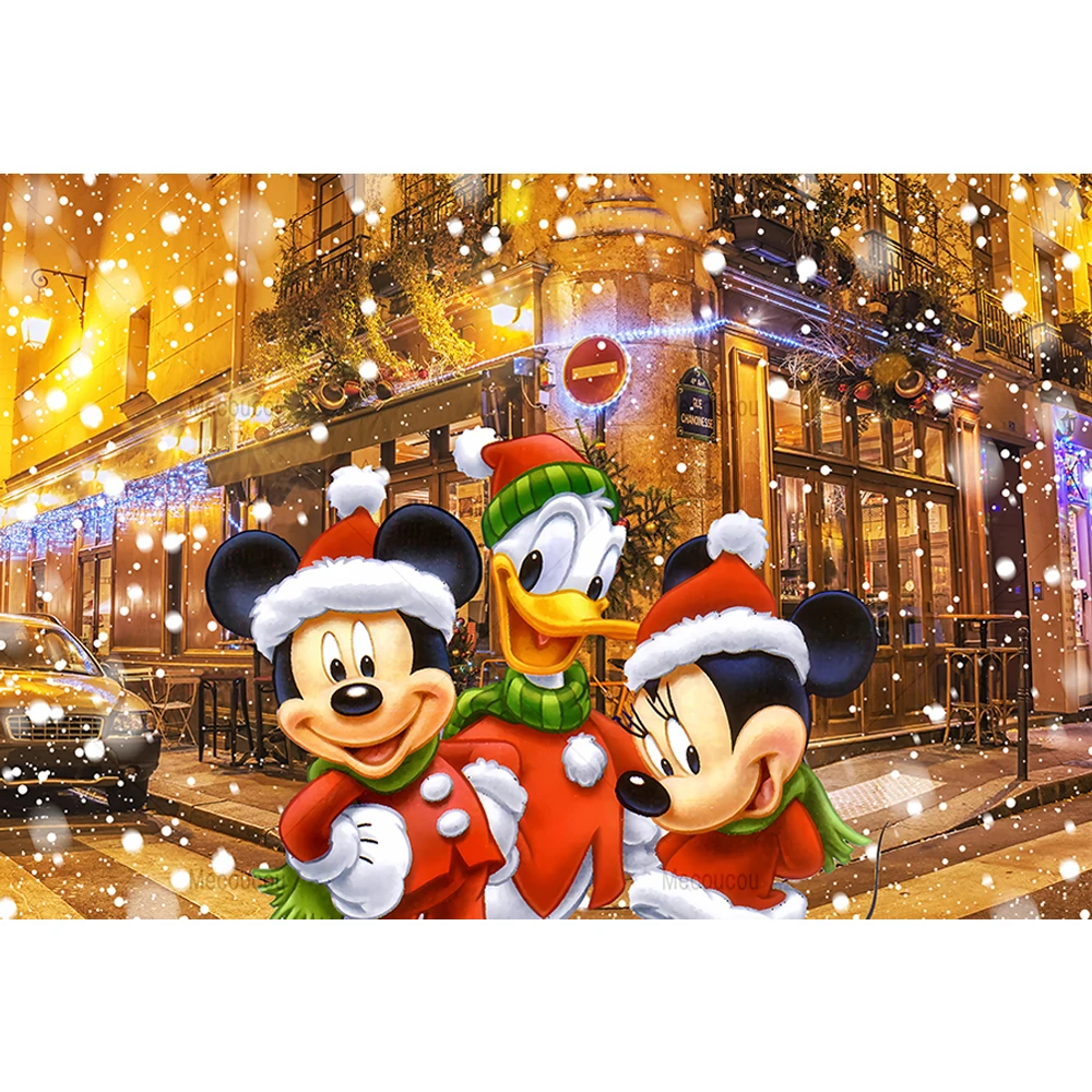 Disney Mickey and Friends Christmas Minnie Backdrop Winter Snow Village Glitter Xmas Background Mickey Mouse Kids Birthday Party