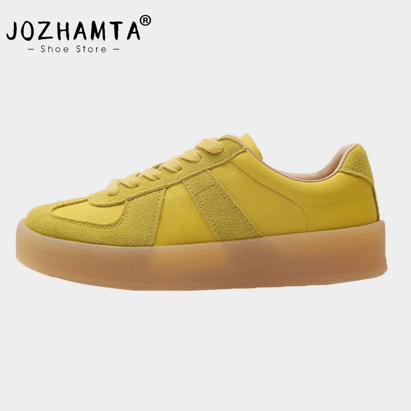 JOZHAMTA Women Breath Flats Sneakers Soft Leather Lace Up Thick Heel Platform Shoes Classic Tennis Dress Casual Daily Size 35-40