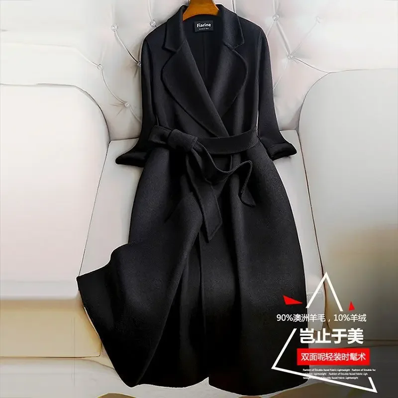 Double-sided cashmere coat women's medium and long 2022 new high-end black slim-fitting Hepburn woolen anti-season coat