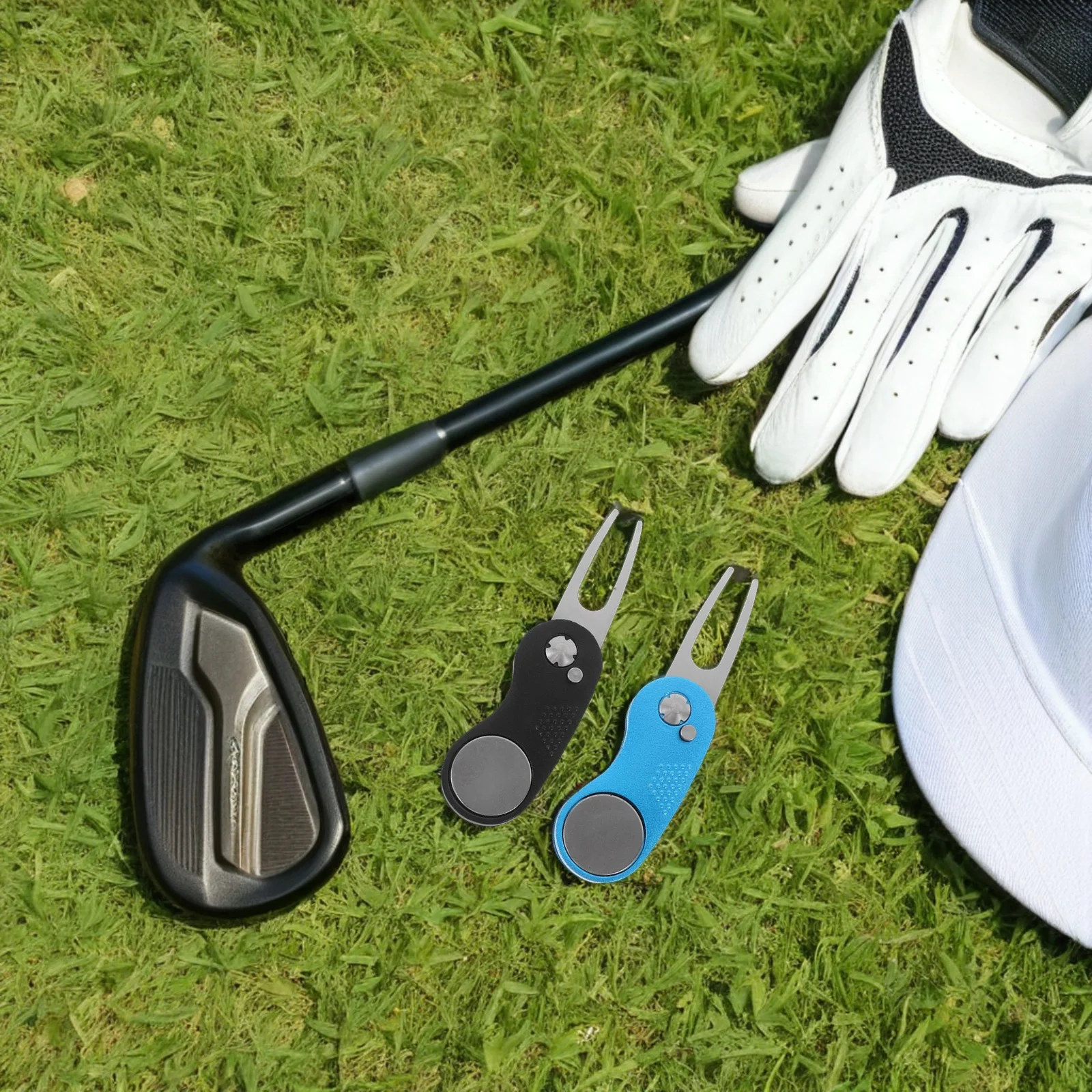 

2pcs Golf Divot Repair Tool Foldable Aluminum Handle Stainless Steel Spring Lightweight Green Maintenance Set Golf Accessories