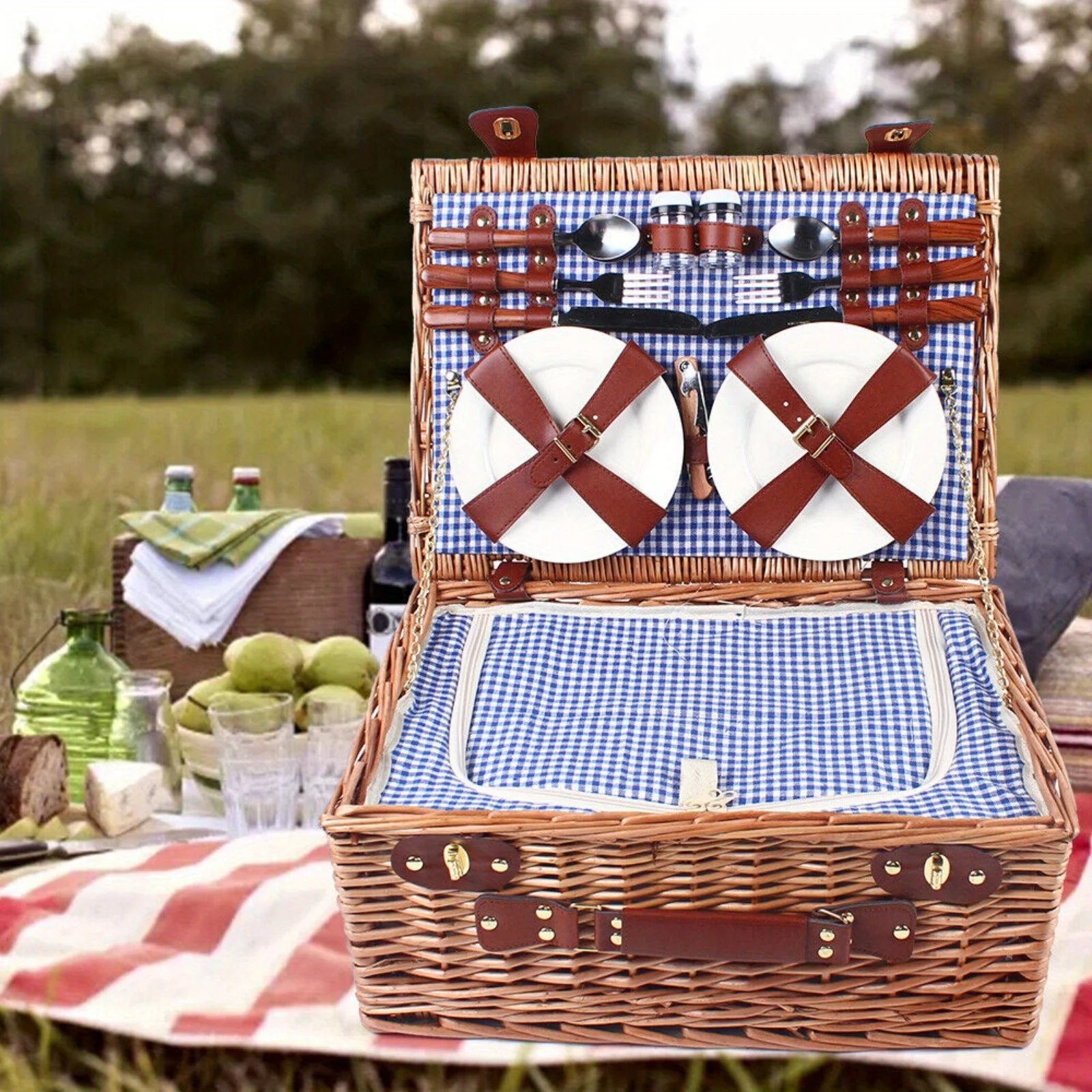 

Family Picnic Basket Set for 4 - All-in-One with Utensils & Insulated Cooler, Ready to Use Outdoors