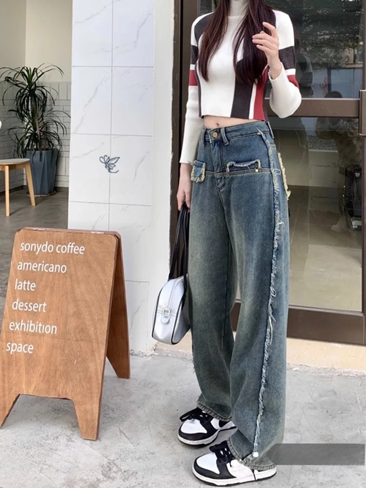 

Retro Frayed Hem Floor-Length Denim Jeans Women's Autumn Winter plus Size Loose Straight Wide Leg Long Pants American Style