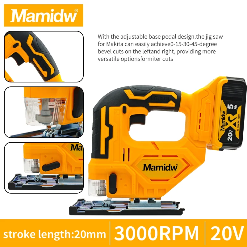 Mamidw Cordless Jig Saw  for Dewalt 20V Battery(Bare Tool No Battery) 3000RPM 20mm Stroke Length Adjustable Base 0-45 Degree Bevel Cut Lithium Electric Curve Saw for Woodworking Cutting