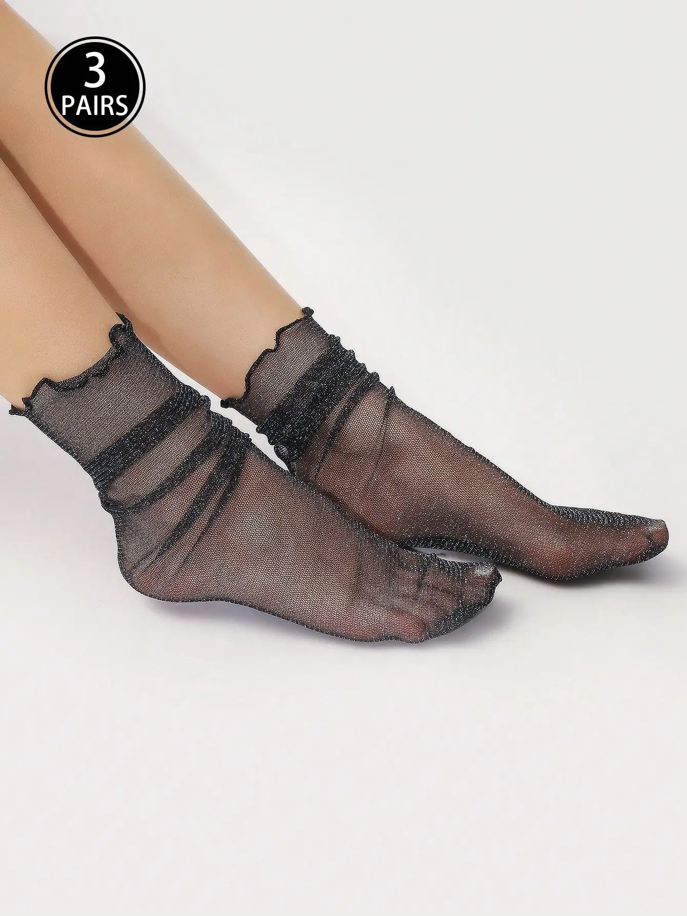 3 Pairs Ladies Black Socks Sexy Transparent Mid-Calf Stockings Mesh Ultra Thin Lace Stockings Stage Party Stockings
