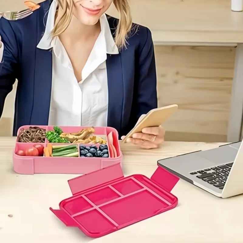 صندوق بينتو مختوم مكون من 6 أقسام مع ملعقة وشوكة، مناسب لبالغين مكاتب الأطفال في المدارس