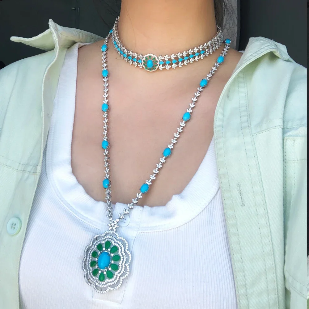 

Kellybola New Original Necklace Earrings Jewelry Sets Luxury Turquoise For Women Bridal Wedding Russia Dubai Bridal Party Gift