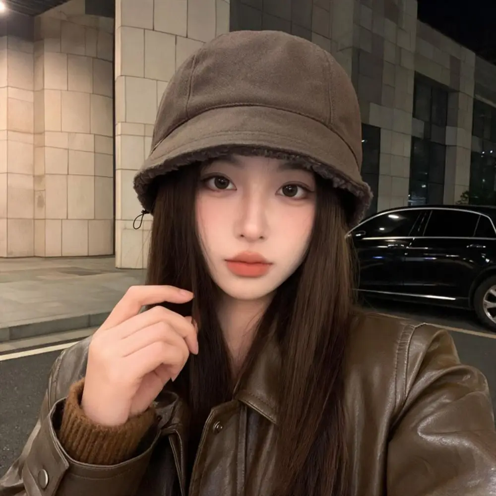 Fashion Solid Color Bucket Hat Thickened Windproof Warm Fisherman Cap Fleece Lined Adjustable Adjustable Peaked Cap For Women
