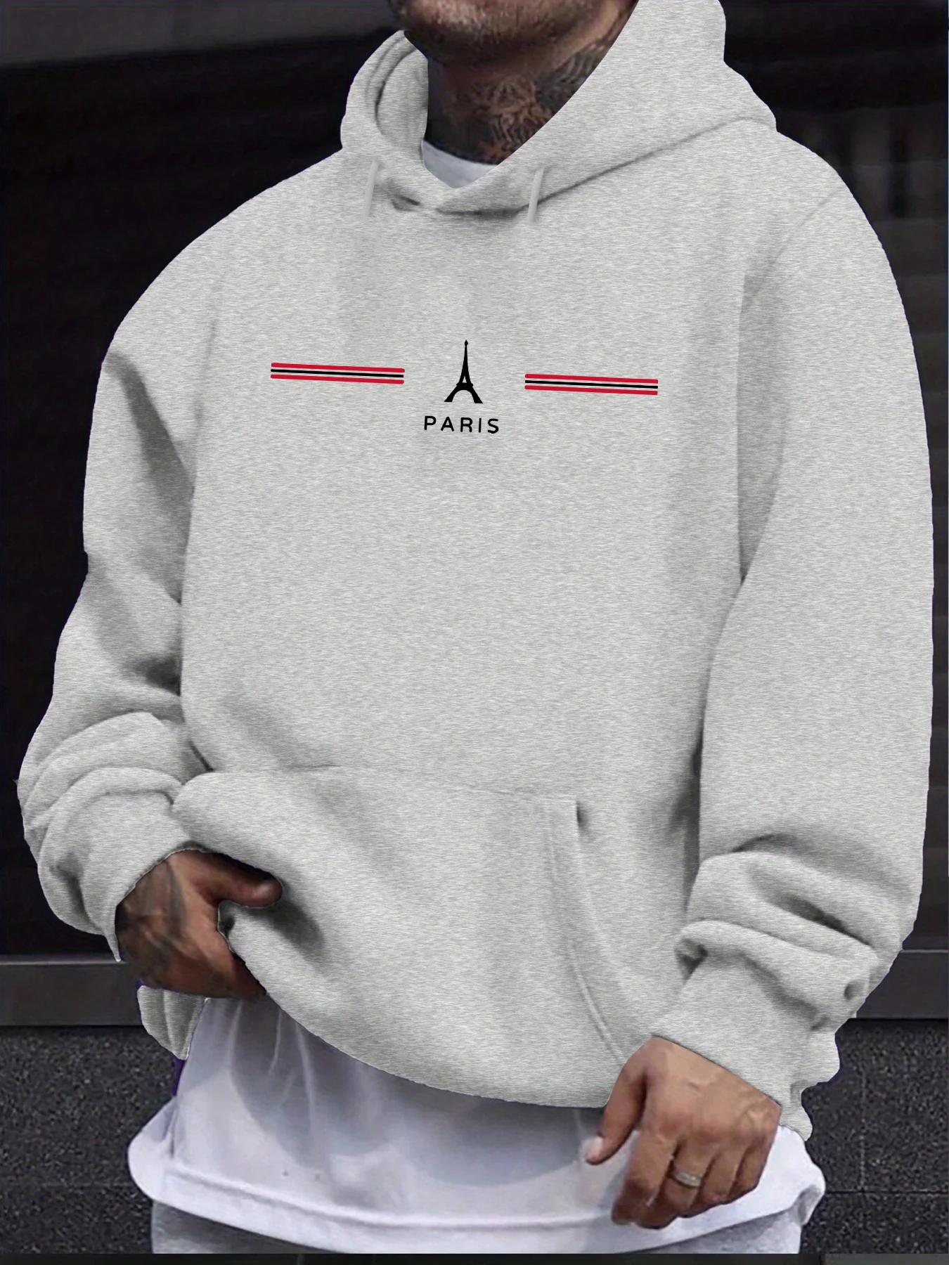 سويت شيرت رجالي كاجوال فضفاض بقلنسوة للخريف والشتاء مع نمط باريس مطبوع بأكمام طويلة بلوفر دافئ