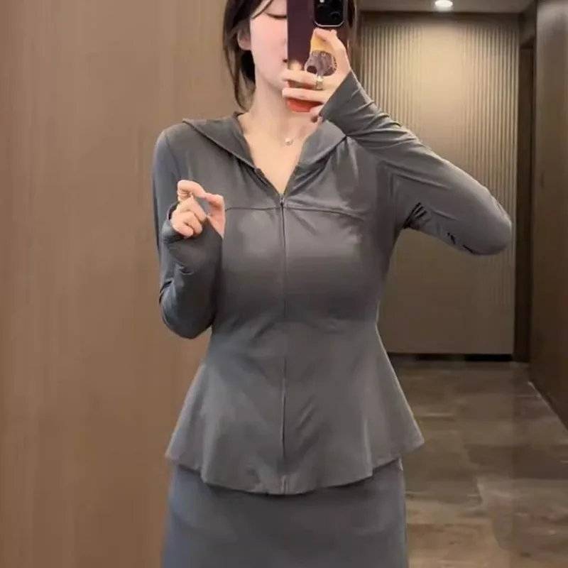 

Simplicity Elegant Trend Solid Color Zipper Long Sleeve Sunscreen Clothing Ladies Spring Summer New Style Waist Slimming Coat