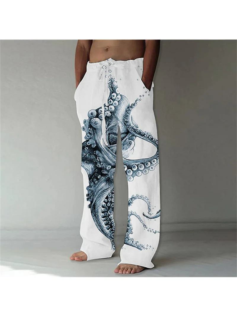 Handsome and minimalist octopus pattern printed men's casual pants comfortable linen pants straight leg pants loose daily casual