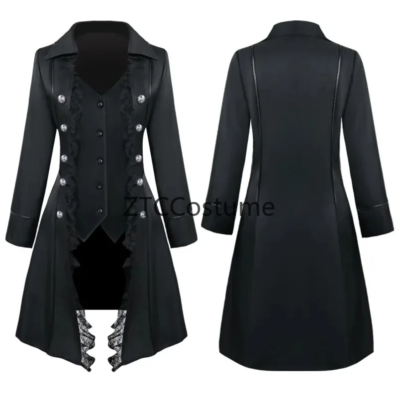 Victorian Steampunk Gothic Womens Lace Jabot Tie Blouse Jacket Coat Cosplay Medieval Costume view 6