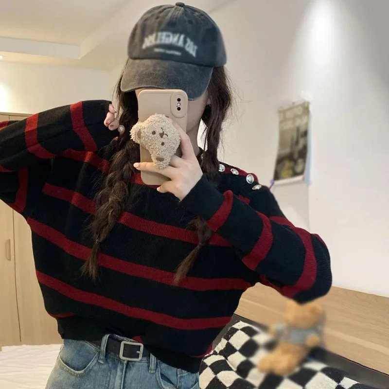 Women\'s Sweater Stripe Color Contrast Long Sleeves Sweater Retro O Neck Casual and Fashion Pullovers