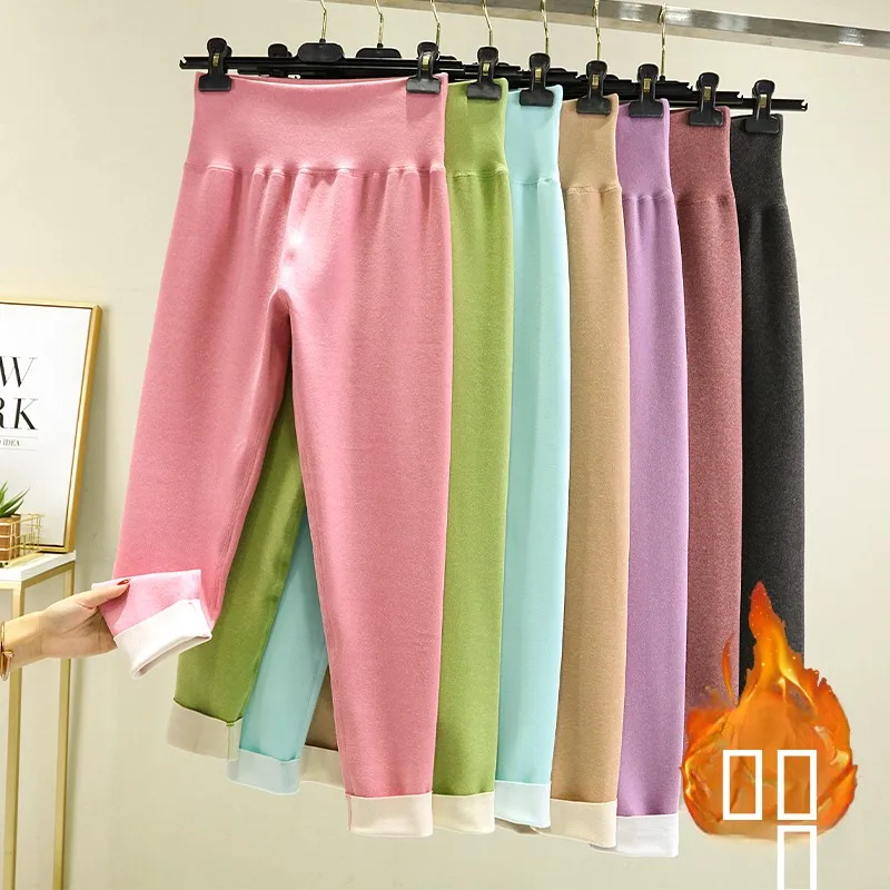 

Женские термобрюки Thiened Fce с высокой талией, облегающее двустороннее бархатное зимнее нижнее белье, базовый слой, брюки