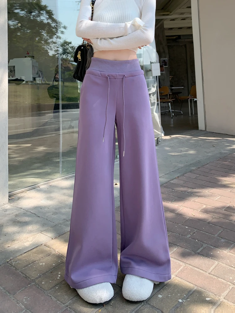 Kumikumi Elastic Waist Drawstring Straight Casual Pants Women Winter Fleece-lined Thick Wide Leg Pants Warm Sports Trousers