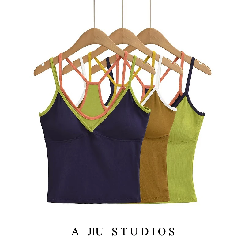 디자인 센세이션 슬림핏 스트랩 베스트 여성 아우터웨어 여름 섹시 패드 내장 슬림 탑 브이넥 롱