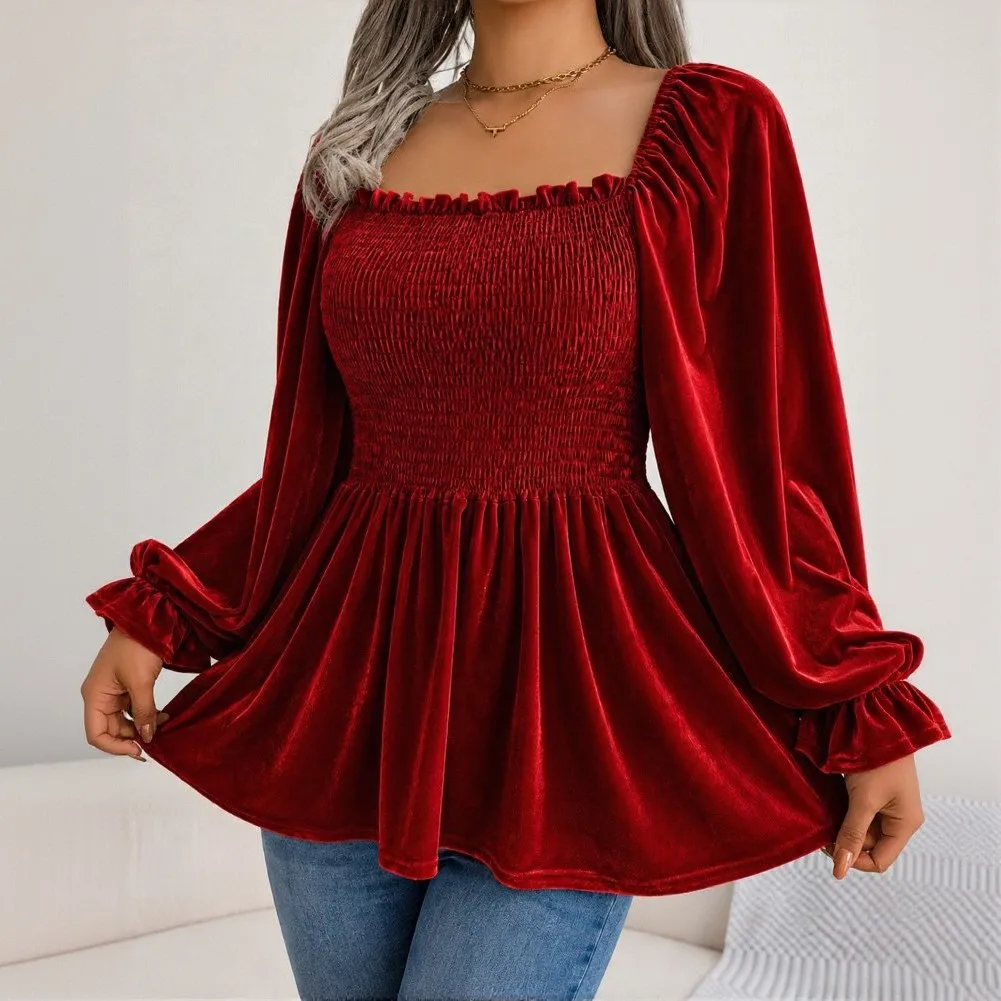 Solid Color Womens For Velvet Long Sleeve Square Neck for ruffle Peplum Hem Casual Tee for Daily Party Holiday Wear