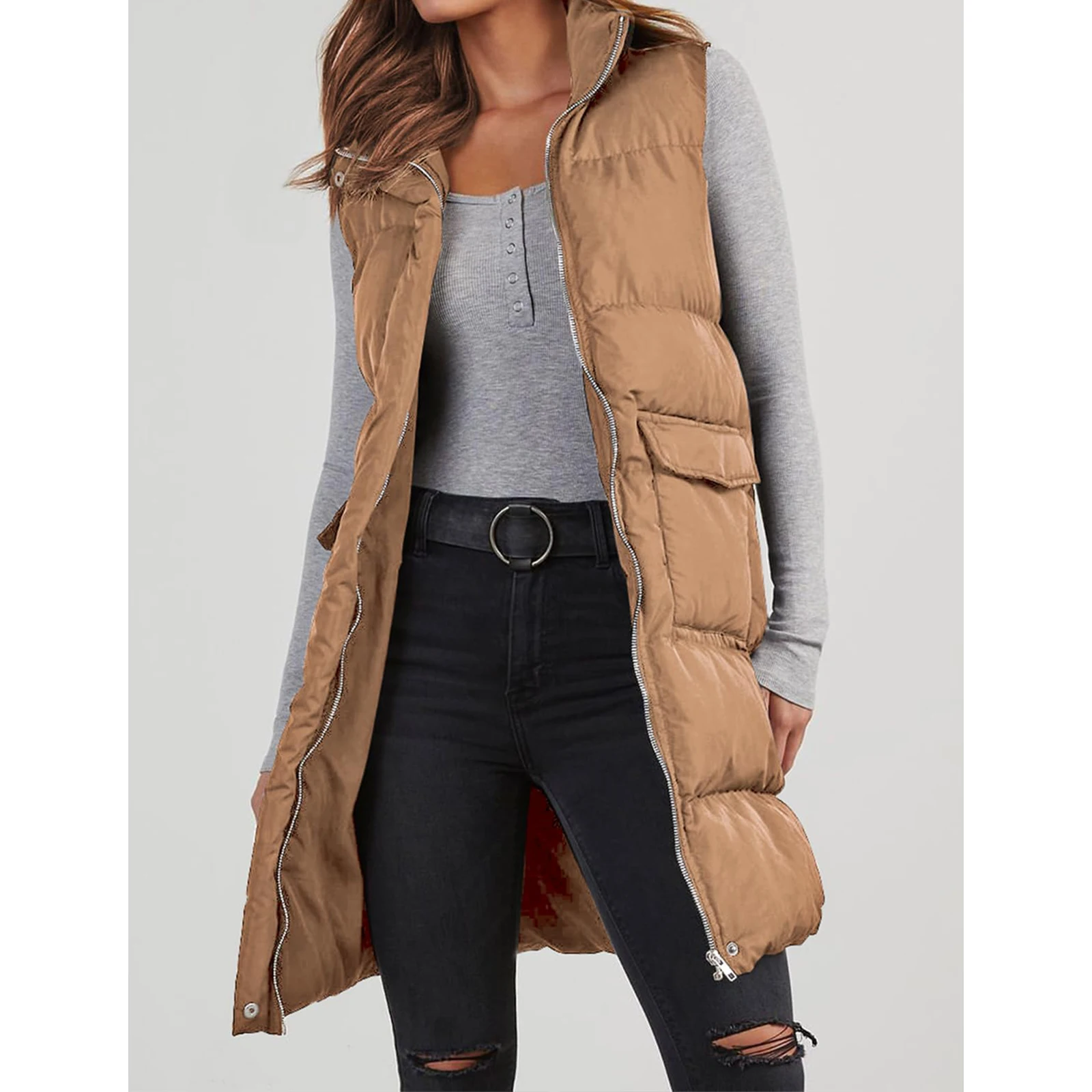 Long with Hood Outdoor Vest Down Women\'s Jacket Quilted Coat Sleeveless Jacket Winter Light Weight Sweaters