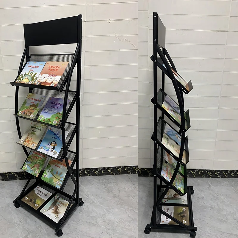 custom.Custom Durable BlackFloor-Standing Magazine Rack Display Stand With Wheel