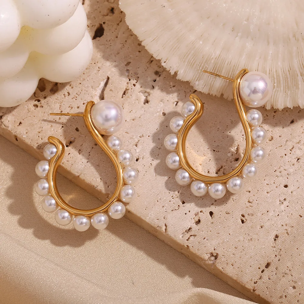 

Waterproof Stainless Steel Exaggerate Pearl Question Mark Hook Stud Earrings for Women Fashion Jewelry