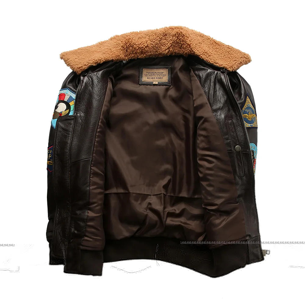 Top Gun G1 Bomber Jacken braun schwarz Stickerei Logo klassische Tom Cruise Motorrad Mantel Lamm kragen für Männer Kuhhaut Mantel – Detail 8