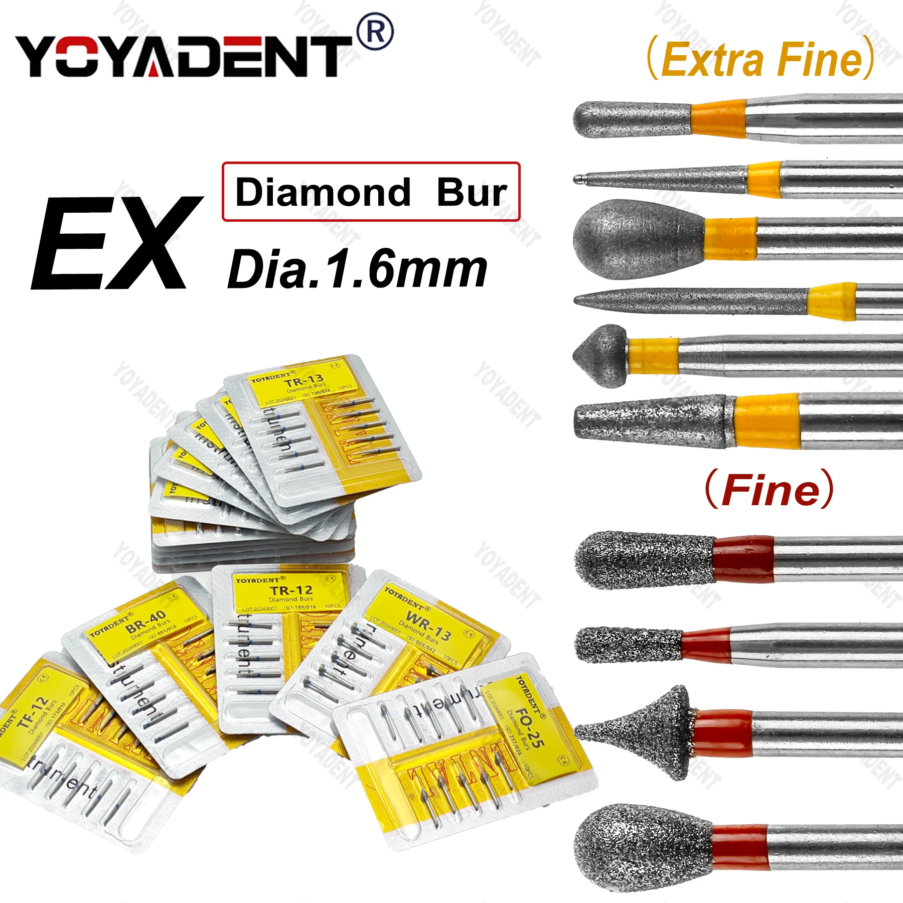 10pcs/Pack EX Type Extra Fine/Fine/Standard/Coarse Dental Burs Dental Diamond Burs For High Speed Handpiece Dentist Tools 1.6mm