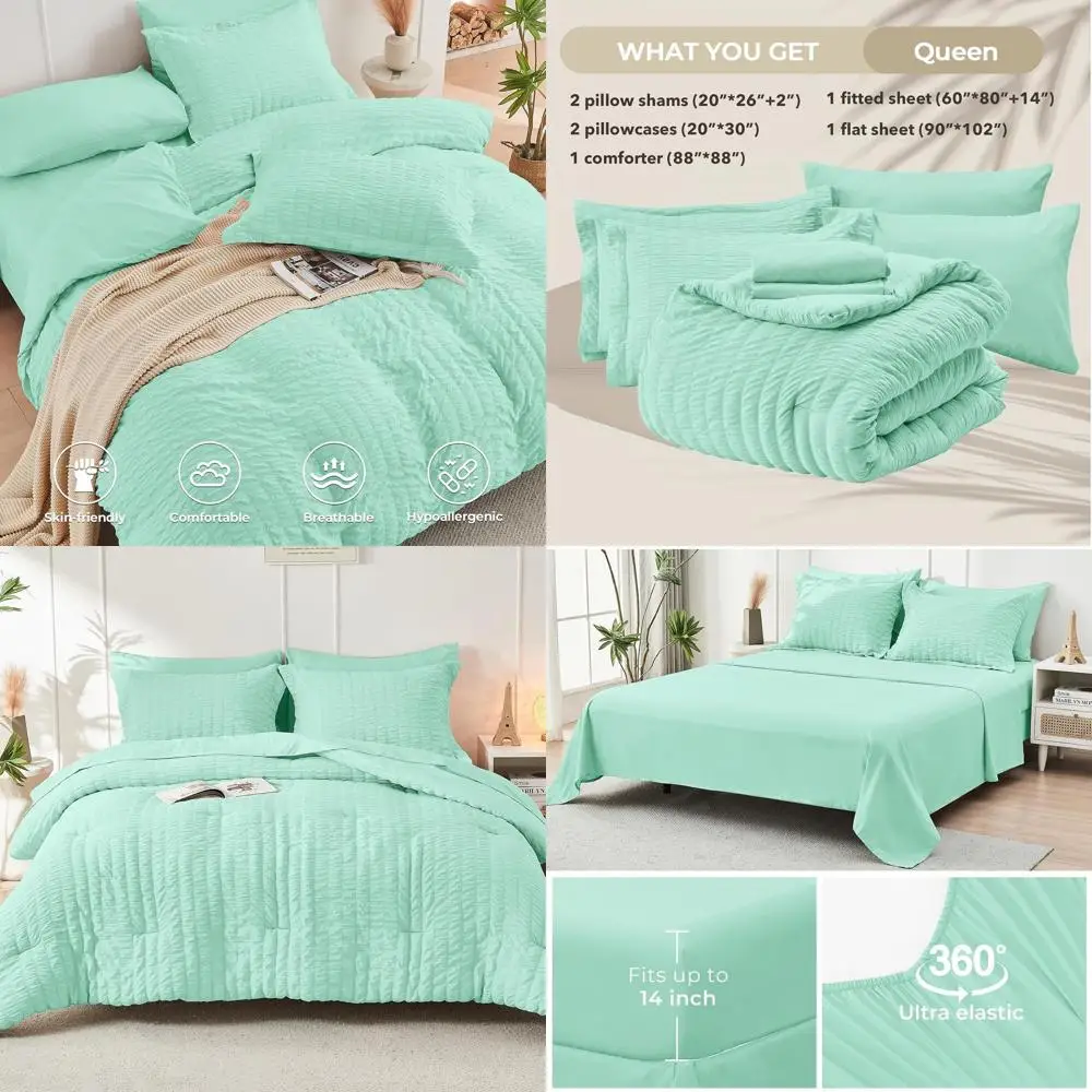 

Luxury Mint Green 7-Piece Queen Comforter Set with Seersucker Bedding, Sheets, Pillowcases & Shams - All Season