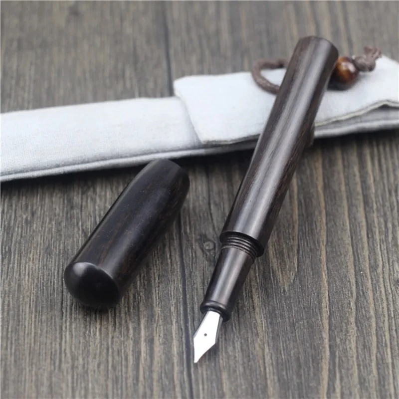 

Handcrafted Ebony Black Wood Grain Fountain Pen with Silver Tip F 0.5mm High-end Business Signature Wooden Calligraphy Pen Gift