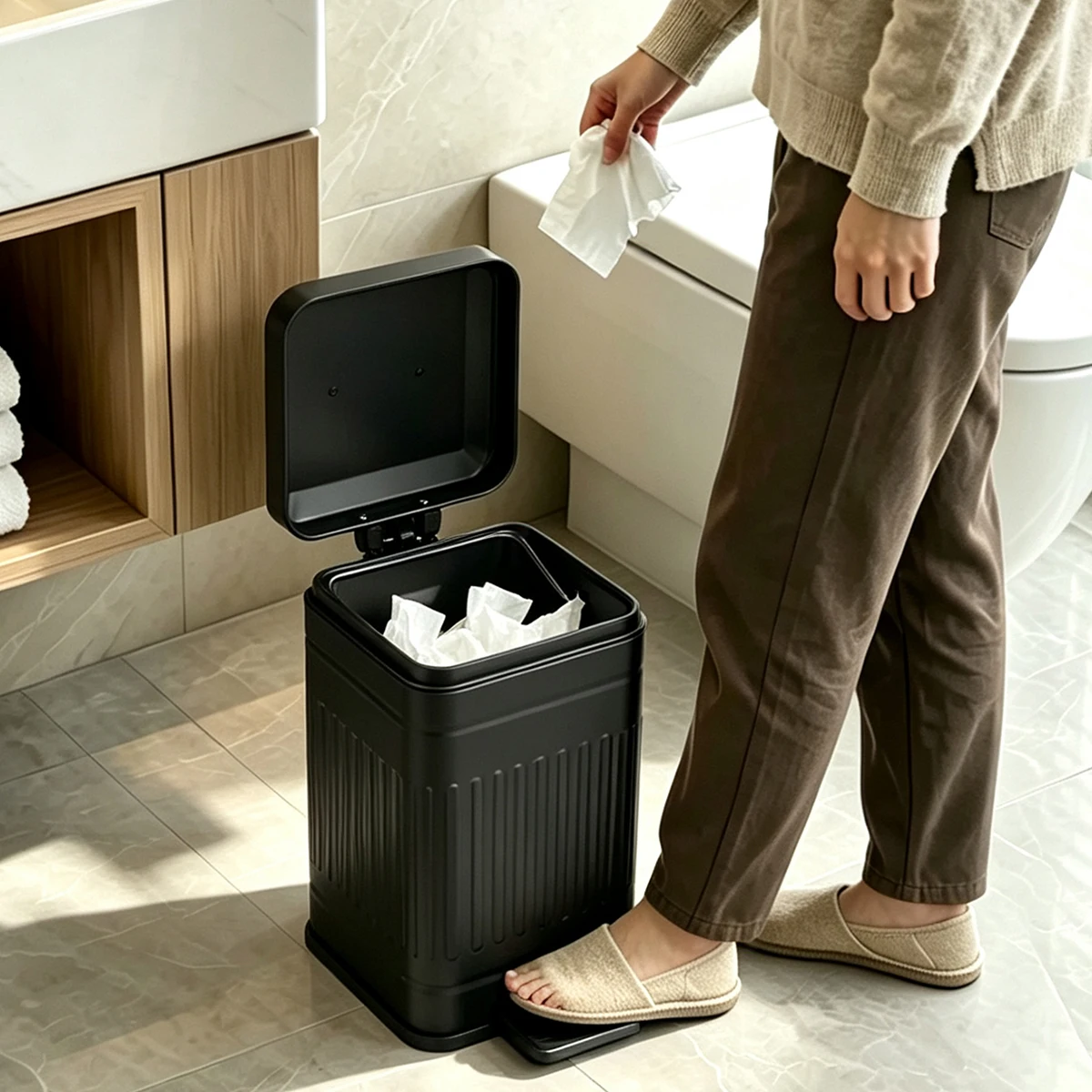 5L Matte Black Roman Pattern Square Foot-Operated Trash Can, Household Silent Lidded Cleaning Bin, Waste Paper Basket Storage