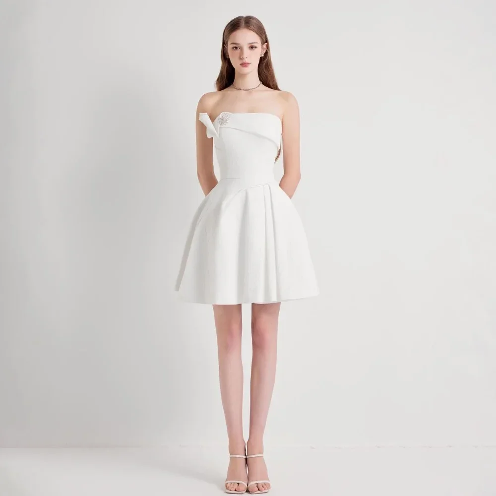 

Customized Jersey Sequined Ruched Party A-line Strapless Bespoke Occasion Gown Knee Length Dresses