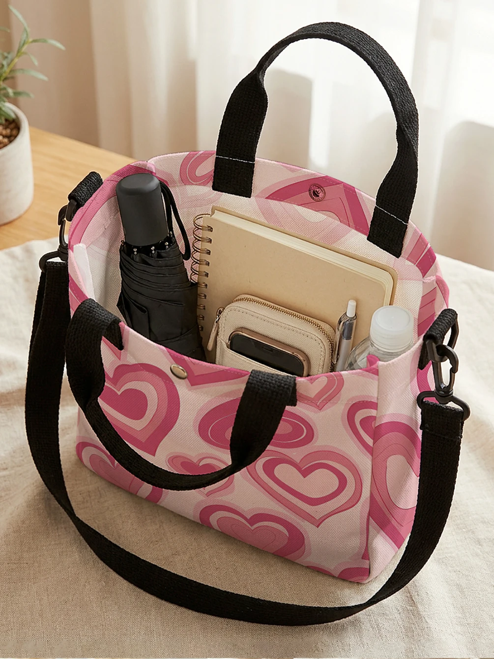 Gradient Pink Heart Print Canvas Tote Bag Detachable Strap Crossbody Handbag For Women Daily Shopping