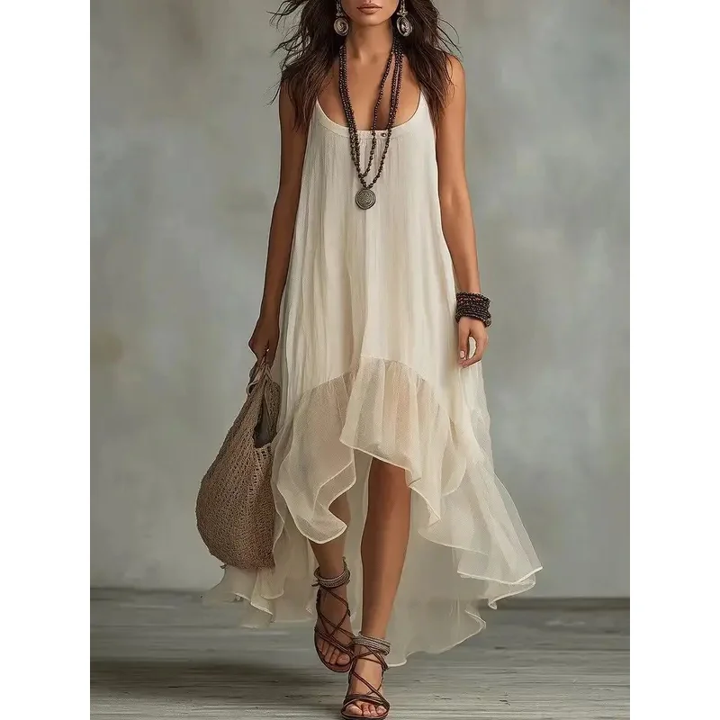Sleeveless Chic Holiday Backless Simple Ladies Irregular Dress Streetwear Women Summer Spaghetti Strap Mesh Patchwork Dress