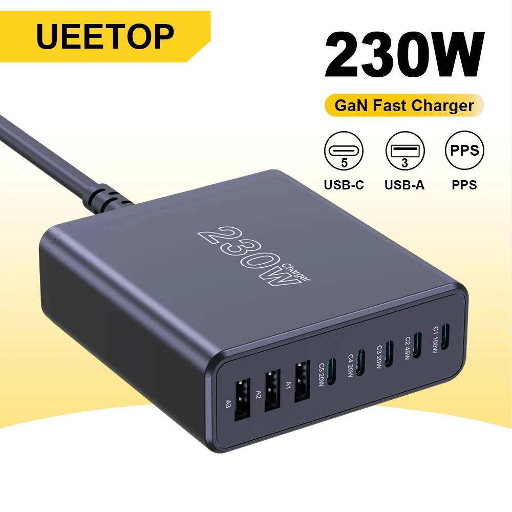 Ueetop 230W GaN USB C Charger Desktop Charging Station Multiple Port PPS PD 100W 65W 45W Fast Charge For Macbook iPhone Samsung