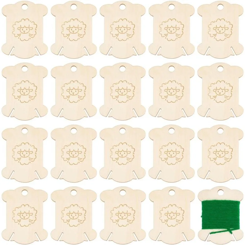 20Pcs Wooden Thread Winding Boards Sheep Pattern Stitch Bobbins Card Thread Holder Craft DIY Sewing Storage for Embroidery