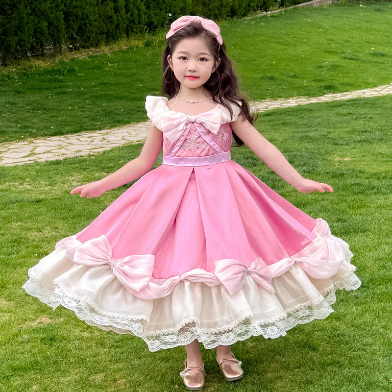 Girls Summer Sleeveless Lolita Princess Dress 2025 Bow Pink Girl Dress Sweet Baby Girl Casual Infant Evening Dresses