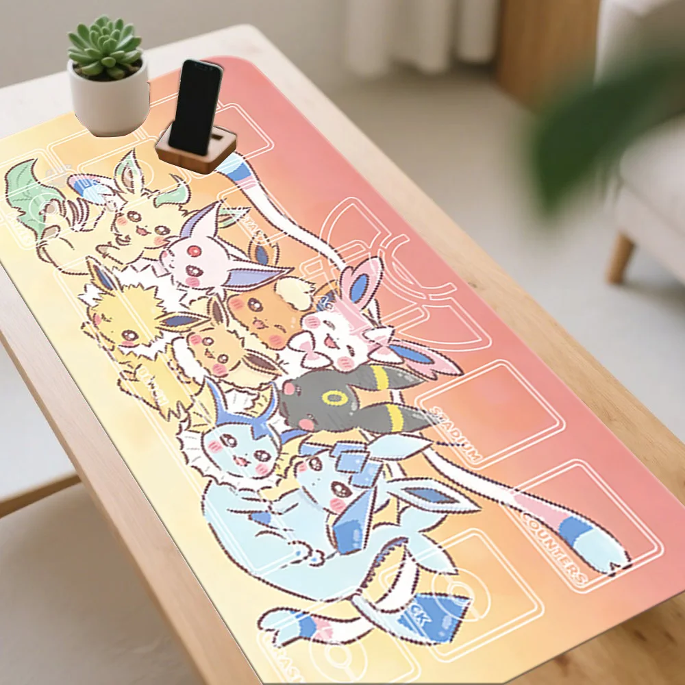 This is a pixel-style playmat featuring a group of Eeveelutions (Eevee's evolved forms) gathered together, designed for TCG (Tra