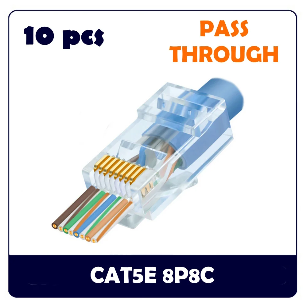 10pcs 8P8C RJ45 CAT5E CAT6 모듈러 플러그 네트워크 케이블 크리스탈 헤드 데이터 통신을 통한 통과