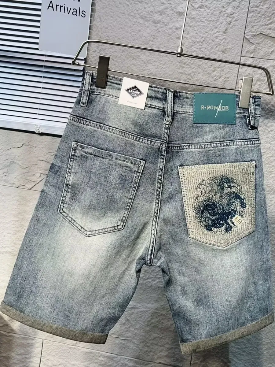 Zomer dunne Faion luxe heren denim orts casual elastische rechte gestikte vijfkwartbroek jeugd vrijetijdskleding
