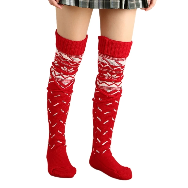 SZL Women's Christmas Knitted Leg Warmers with Ties Sweater Thigh High Socks Snowflake Pattern Over Knee Long Boot Stockings