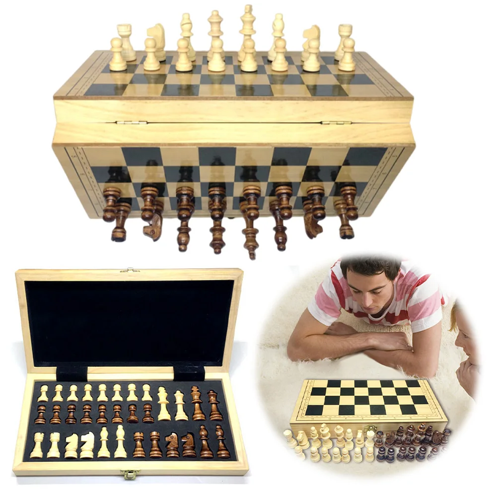 Wooden Foldable Magnetic International Chess Set Tabletop Game Chess Board Game Educational Toys for Kid Adult