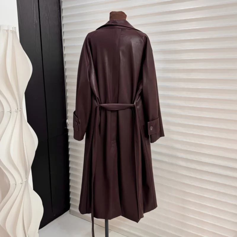 Autumn Winter Long Leather Coat Women 2025 New Fashion Loose Temperament The Waist Windbreaker Pure Colour Outerwear Female