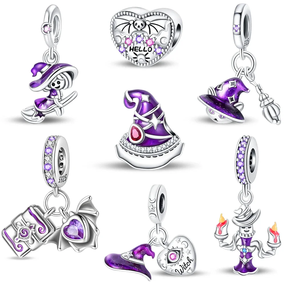 

Halloween Witch Series Cute Magic Hat, Book & Candle Dangle Charm Fits Original Bracelet 925 Sterling Silver Necklace Beads Gift