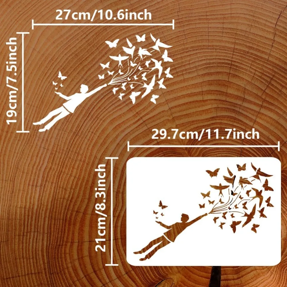 1pcs Fly Away Man Painting Stencil 8.3x11.7inch Reusable Fly Away with Butterfly Bird Drawing Template Man Silhouette